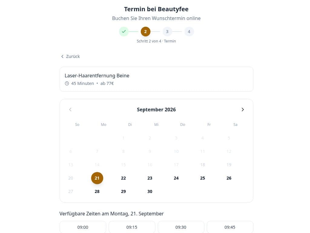 Originalansicht der SkinFly-Onlinebuchung mit Kalender und verfügbaren Uhrzeiten